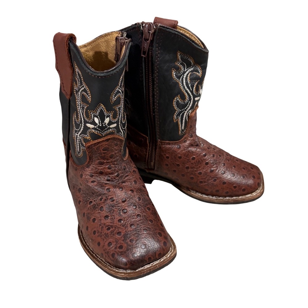 Unbranded Western Boots Kids 7 EUC‎ Brown Black Leather Ostrich Square Toe